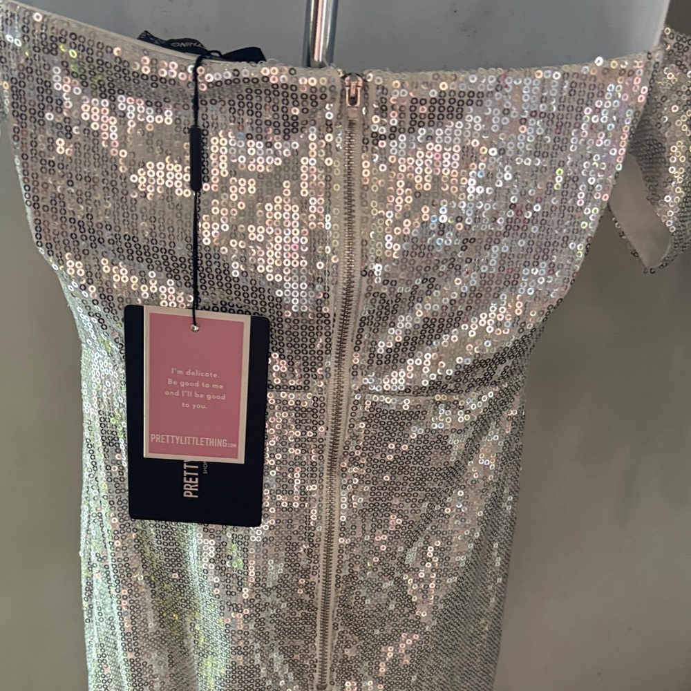 NWT PrettyLittleThing Silver Sequin Off-Shoulder Prom Dress - Picture 7 of 11